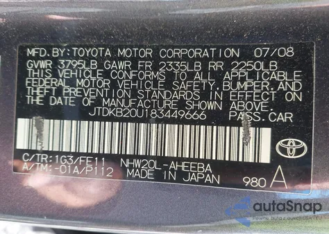 2008 Toyota Prius z USA, uszkodzony, nr VIN JTDKB20U183449666